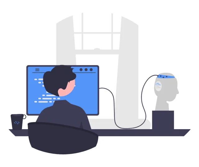 Illustration of a person working at a computer connected to an AI head model
