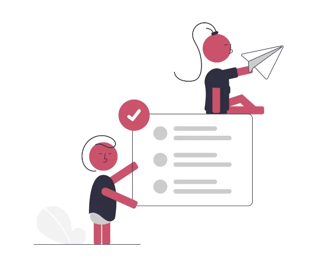Illustration of two people with a checklist card and a paper plane, suggesting emails sent from a managed template