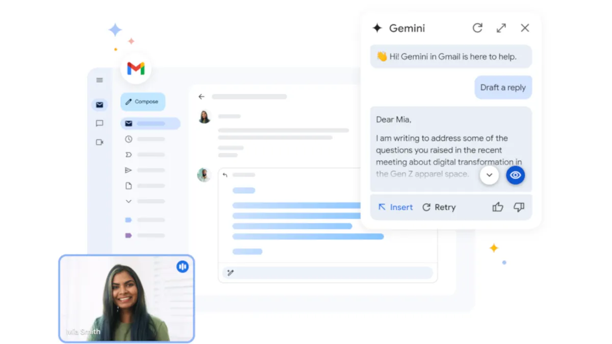 Gemini side panel in Gmail drafting a reply to an email