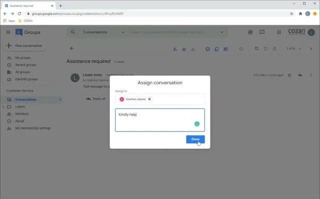 Assigning a conversation to a team member in a Google Groups collaborative inbox