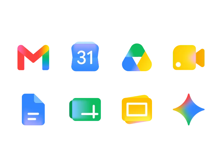 The Gmail, Calendar, Drive, Meet, Docs, Sheets, Slides and Gemini app icons