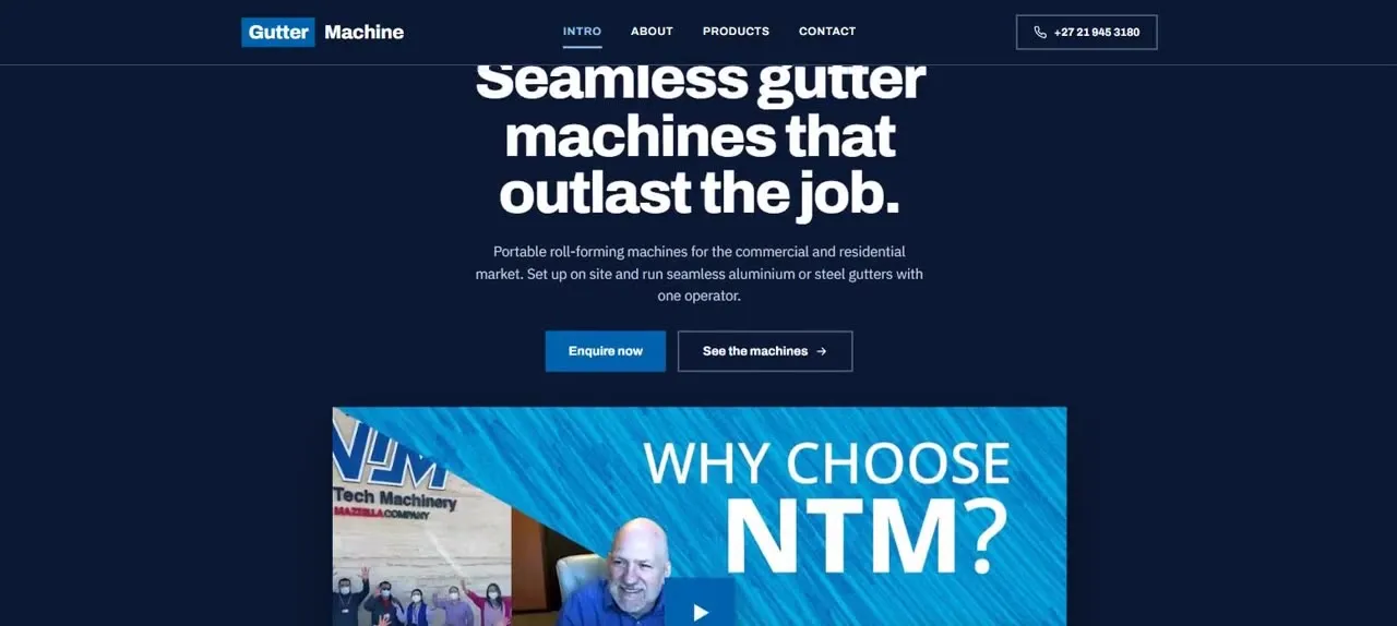 The new guttermachine.co.za home page: a dark navy hero with the headline Seamless gutter machines that outlast the job