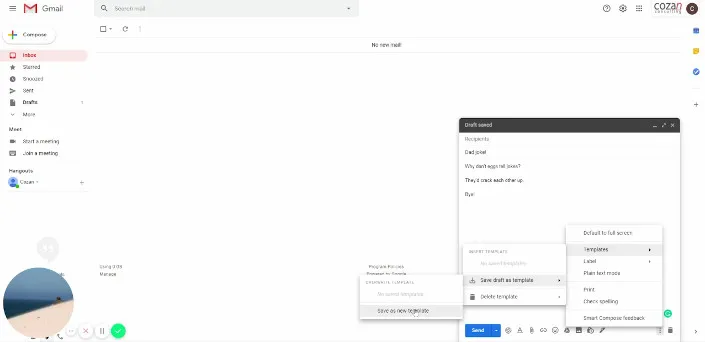 Saving a draft as a new template from the Gmail compose window's more options menu