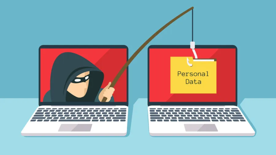 Illustration of a hooded hacker reaching out of one laptop with a fishing rod to hook a folder labelled Personal Data on another