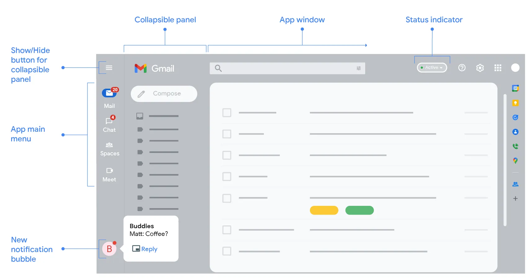 Diagram of the new Gmail layout, labelling the app menu, collapsible panel, app window, status indicator and notification bubble