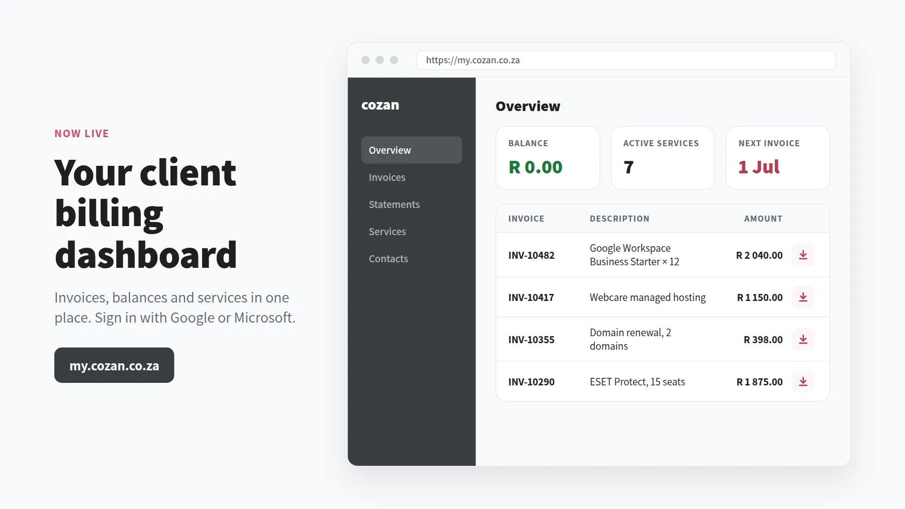 The cozan client billing dashboard at my.cozan.co.za showing balance, active services and downloadable invoices