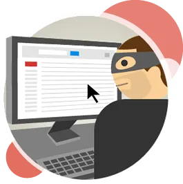 Illustration of a masked attacker sitting at a computer with an email inbox open on the screen