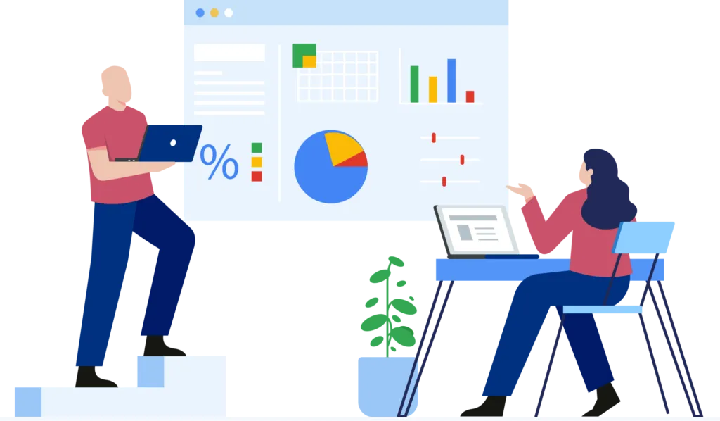 Illustration of two people working with charts and a laptop